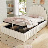 3ft Single Kids Storage Bed - Velvet Princess Bed with Shell-Shaped Padded Headboard & Hydraulic Lift-Up Storage, Beige