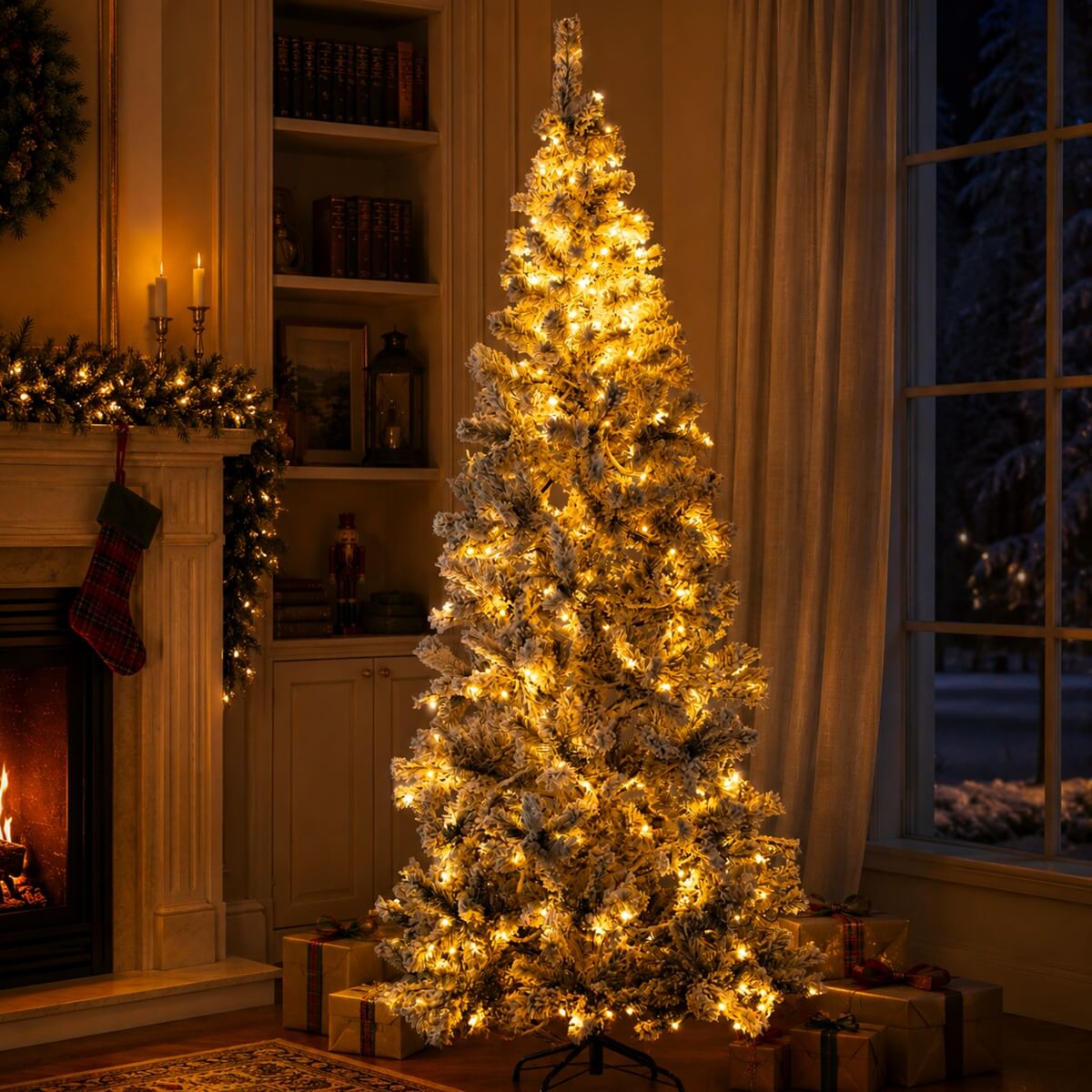 Snow-Flocked Green Artificial Christmas Tree - Realistic Full PVC Xmas Tree with Pre-Lit Warm White LED Lights & Faux Snow Effect, 5ft/6ft/7ft
