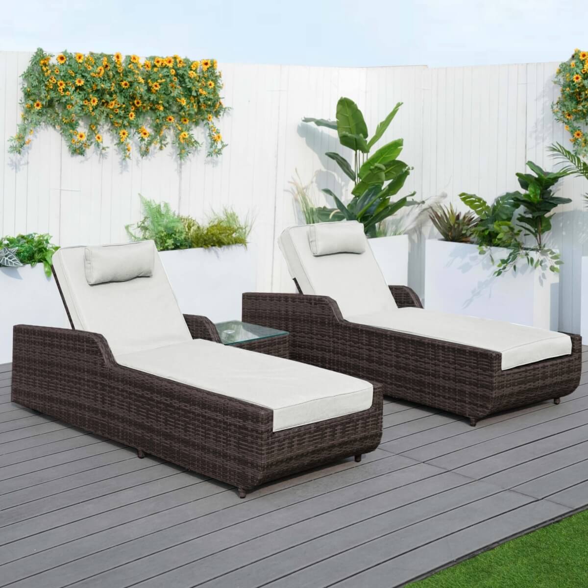 3 Piece Outdoor Rattan Sun Lounger Set with Side Table - Garden Sun Loungers