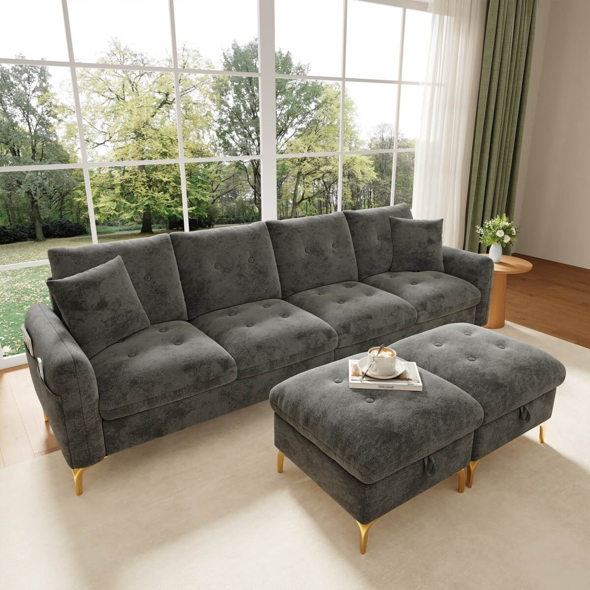 4 Seater U-Shaped Modular Sofa Bed with Storage Ottomans - Sleeper Sofa with 2 Storage Footstools and 2 Decorative Cushions, Grey