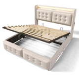 4ft6 Double Upholstered Storage Bed - Hydraulic Bed Frame with LED Headboard, USB & Type-C Charging, Linen, Beige