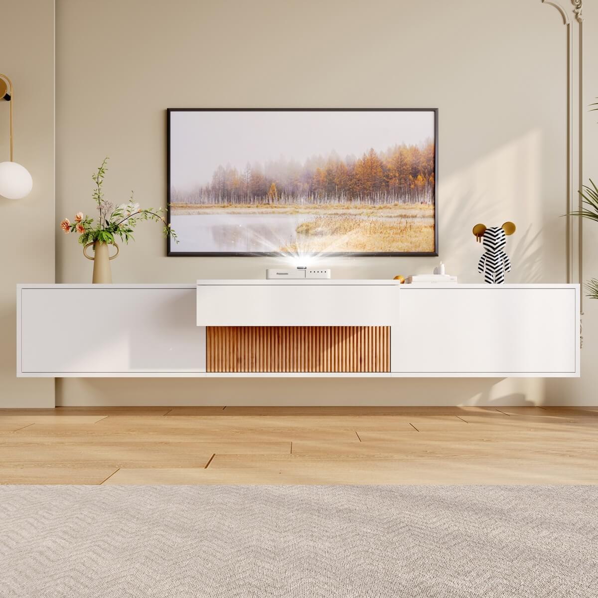 Modern TV Stand - Low Profile TV Unit with Projector Shelf & Storage, Contemporary Media Console for Living Room
