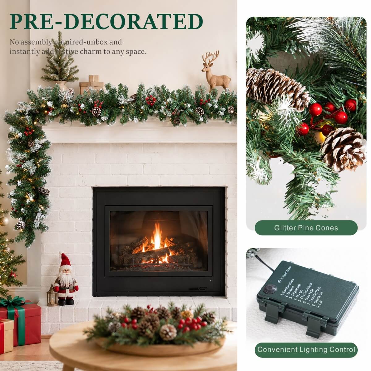 Realistic PVC Christmas Garland - Lush Foliage with Pine Cones, Red Berries & Pre-Lit LED Lights