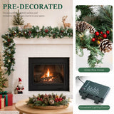Realistic PVC Christmas Garland - Lush Foliage with Pine Cones, Red Berries & Pre-Lit LED Lights