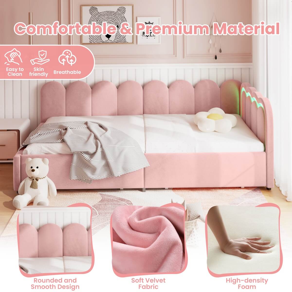 3ft Single Velvet Daybed - RGB LED Lights, 2 Storage Drawers, Scalloped Backrest, Pink