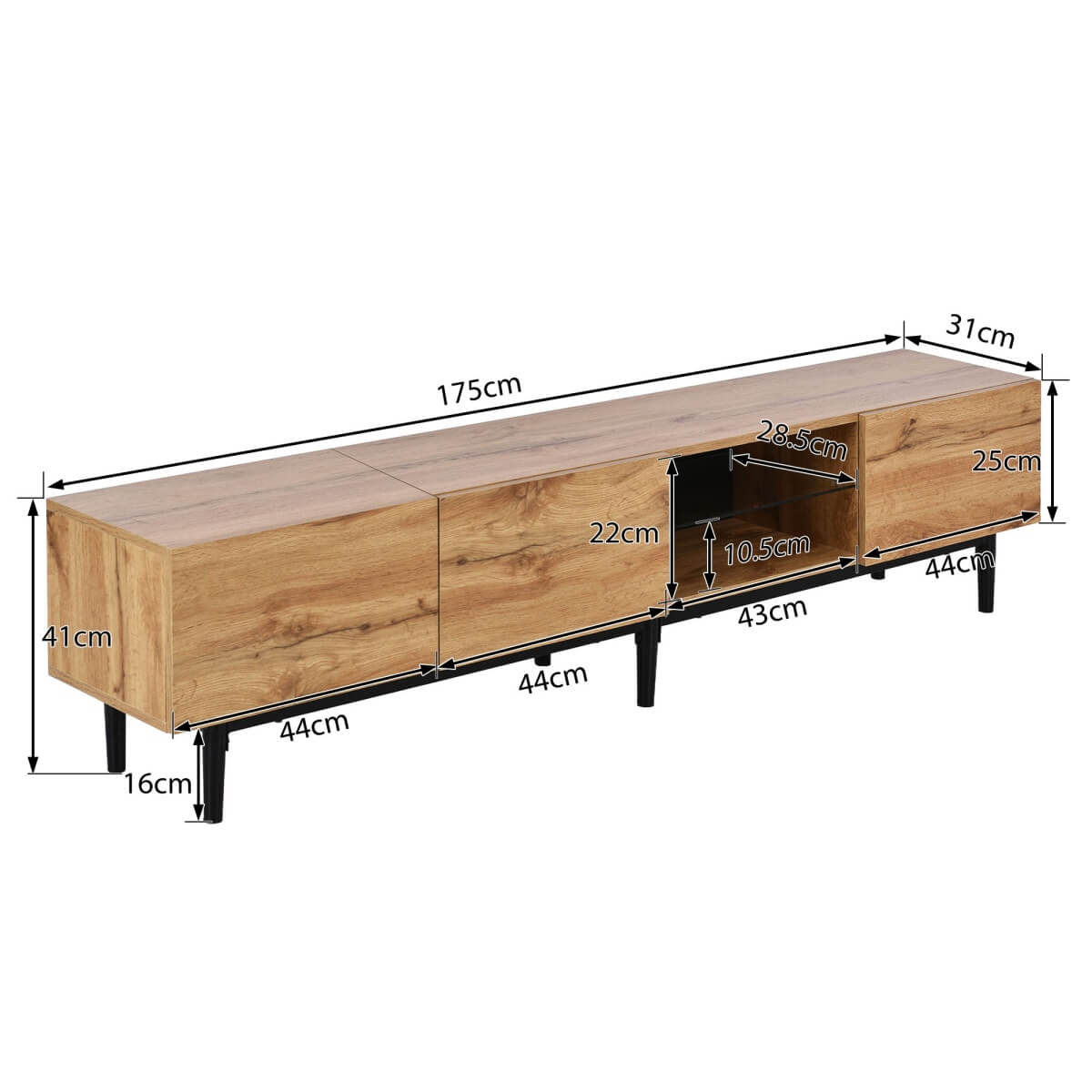 Modern TV Cabinet with LED Lights - Large Storage Media Console, Wood Grain Finish