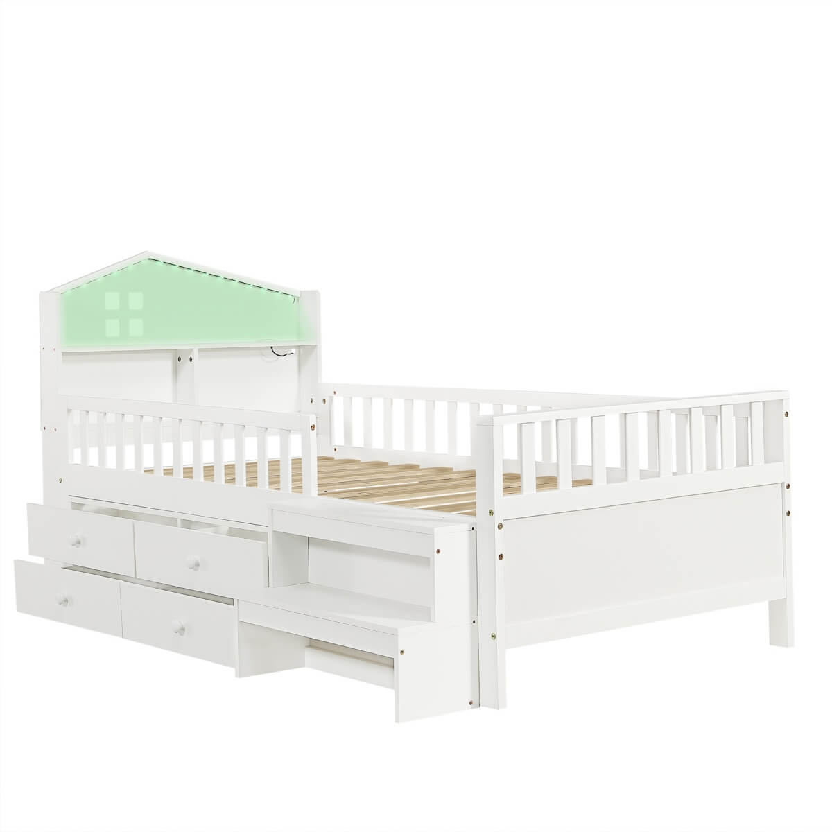 3ft Single Wooden Storage Bed with LED House Headboard, Drawer, USB & Type-C Charging, White