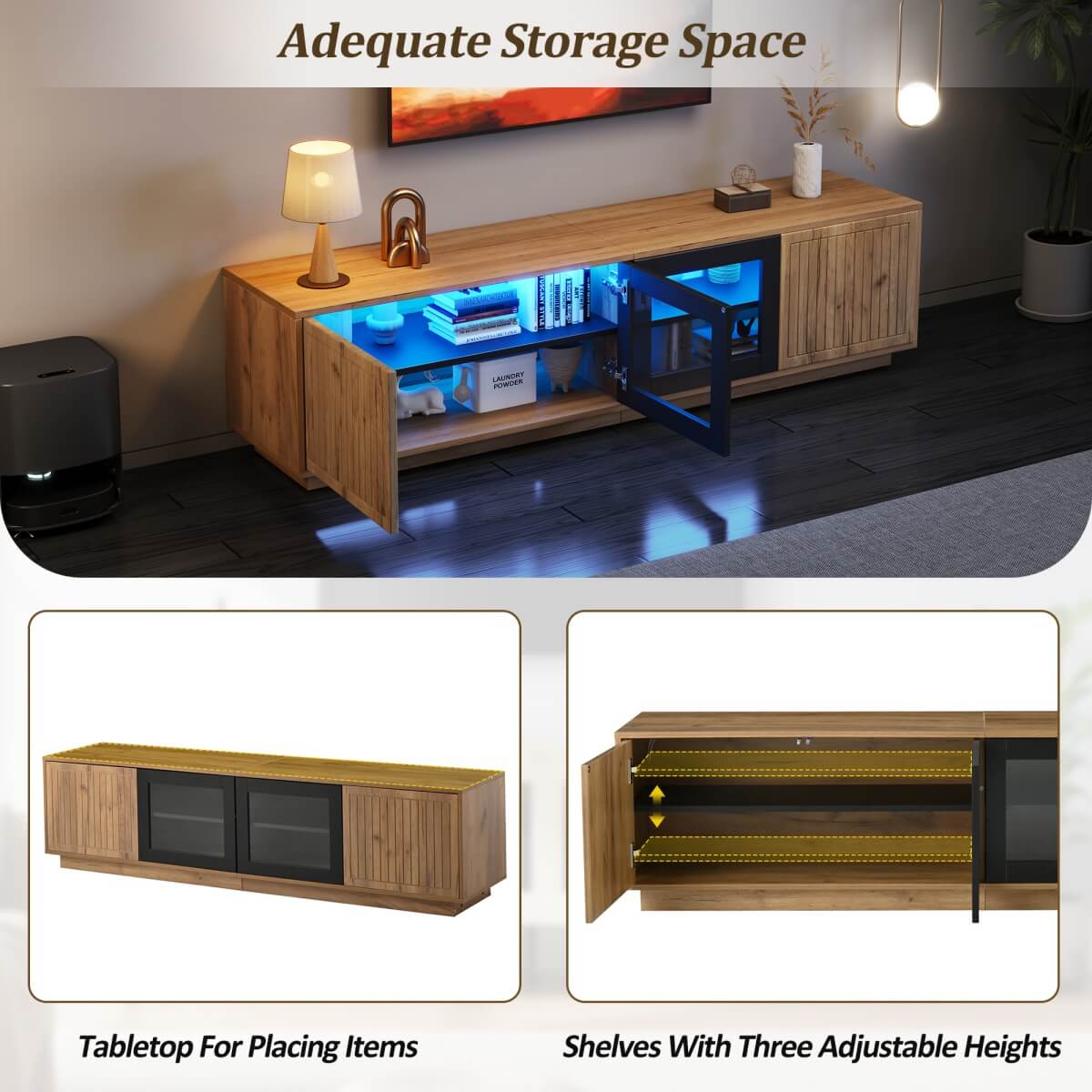 180cm TV Unit for TVs up to 75 Inch - Natural Wood Effect and Black TV Stand with Glass Doors, LED Light Strip and Large Storage Cabinets