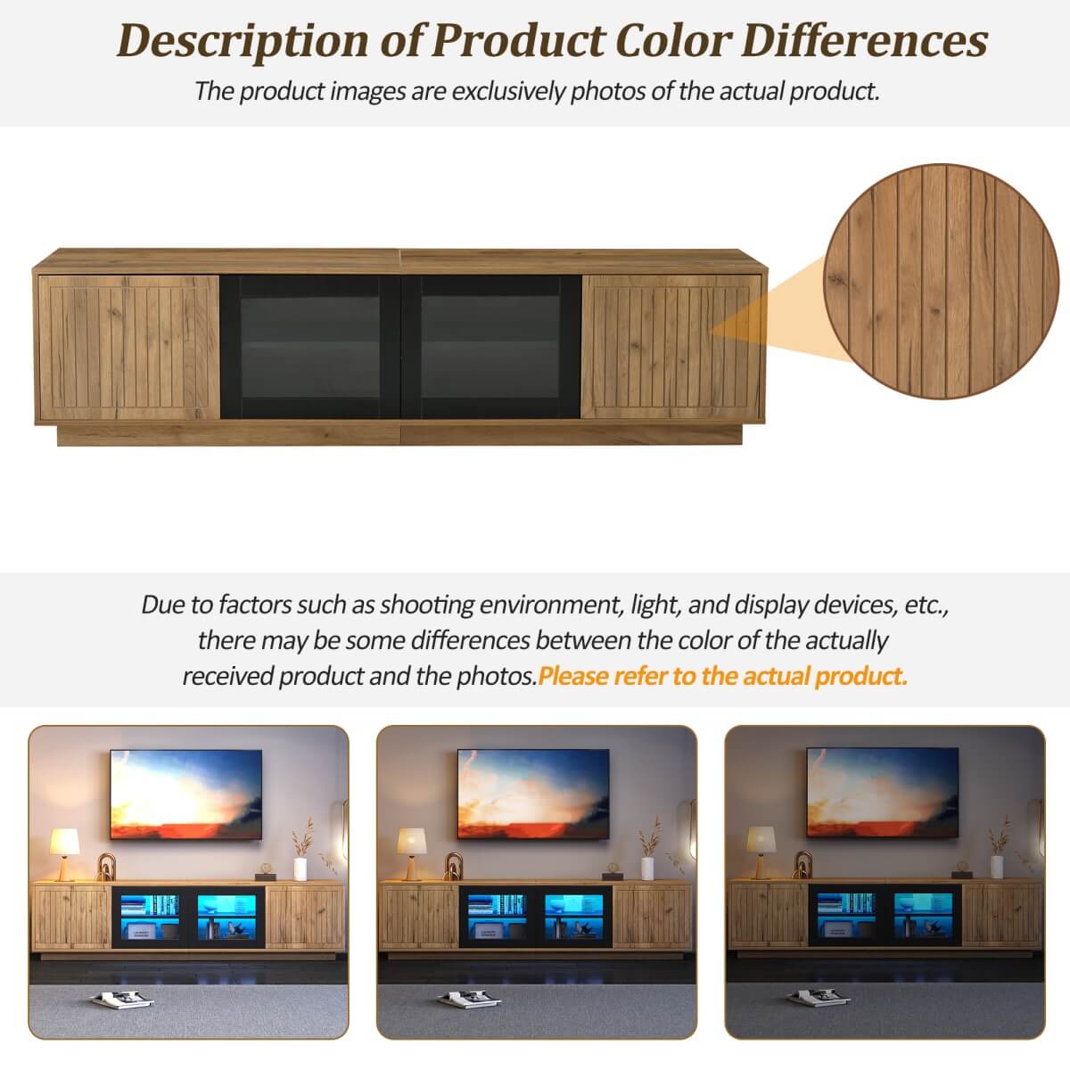 180cm TV Unit for TVs up to 75 Inch - Natural Wood Effect and Black TV Stand with Glass Doors, LED Light Strip and Large Storage Cabinets