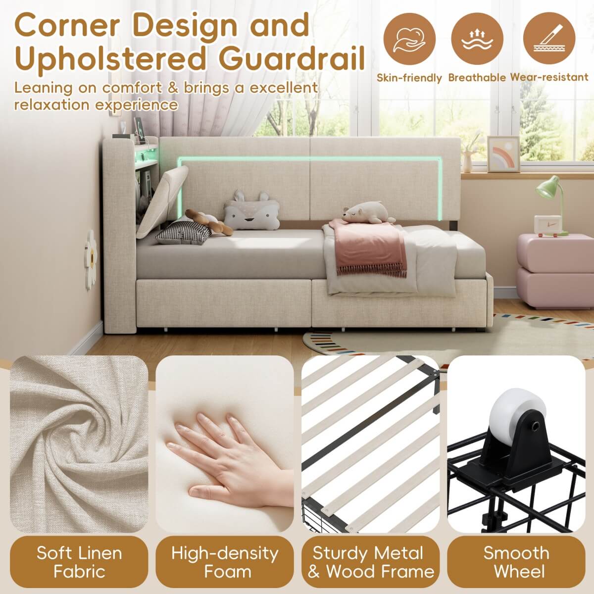 3ft Single Daybed with 2 Storage Drawers - Linen Sofa Bed with LED Headboard Storage & Charging Station, Beige