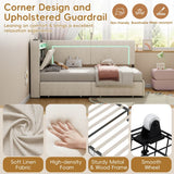 3ft Single Daybed with 2 Storage Drawers - Linen Sofa Bed with LED Headboard Storage & Charging Station, Beige