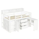3ft Single Wooden Storage Bed - Space Saving Bed Frame with Pull-Out Desk, Drawers & Headboard Shelves, White