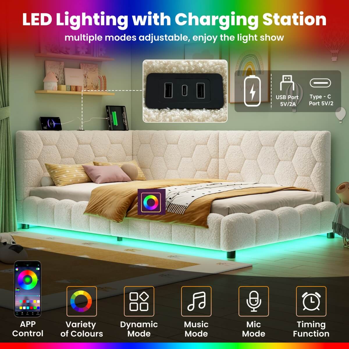 3ft Single Boucle Bed Frame - Reversible Design with RGB LED Lights, USB and Type-C Charging, Beige