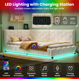 3ft Single Boucle Bed Frame - Reversible Design with RGB LED Lights, USB and Type-C Charging, Beige