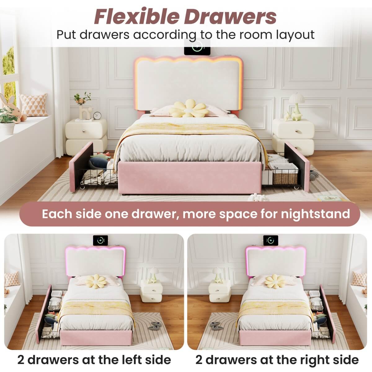 3ft Velvet Upholstered Bed with LED Wavy Headboard - Single Storage Bed with Drawers, Pink & Cream White