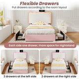 3ft Velvet Upholstered Bed with LED Wavy Headboard - Single Storage Bed with Drawers, Pink & Cream White