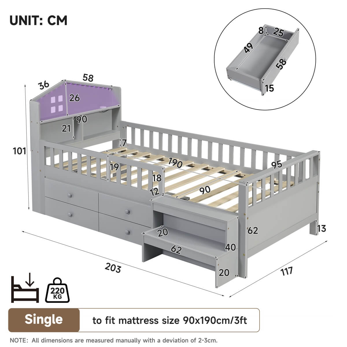 3ft Single Wooden Storage Bed with LED Headboard, Drawers & USB Charging, Grey