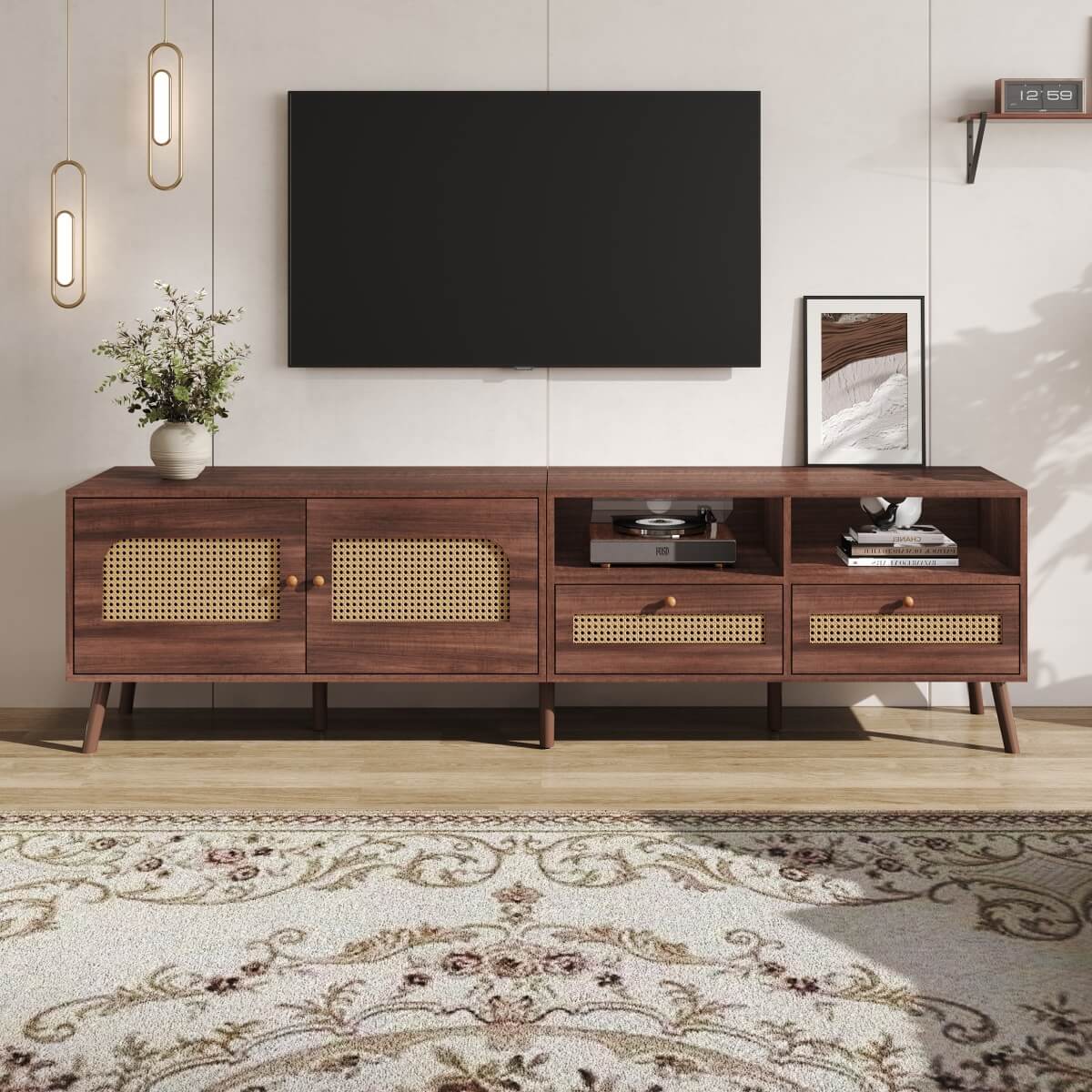 Rattan TV Stand with Storage - 2 Door TV Cabinet with Drawers, Dark Wood, Fits up to 90 Inch TV