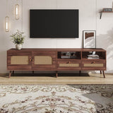 Rattan TV Stand with Storage - 2 Door TV Cabinet with Drawers, Dark Wood, Fits up to 90 Inch TV