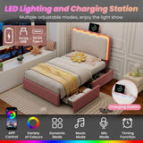 3ft Velvet Upholstered Bed with LED Wavy Headboard - Single Storage Bed with Drawers, Pink & Cream White