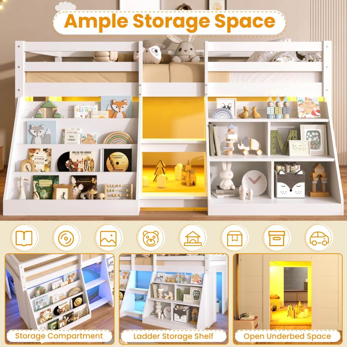 3ft Single Wooden Loft Bed with Stairs - LED Light, Bookcase & Storage Shelves, Underbed Play Space, Safety Guardrail, White