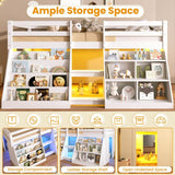 3ft Single Wooden Loft Bed with Stairs - LED Light, Bookcase & Storage Shelves, Underbed Play Space, Safety Guardrail, White