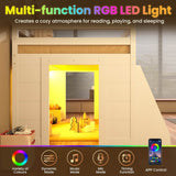 3ft Single Wooden Loft Bed with Stairs - LED Light, Bookcase & Storage Shelves, Underbed Play Space, Safety Guardrail, White