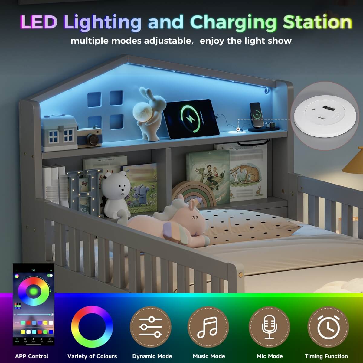 3ft Single Wooden Storage Bed with LED Headboard, Drawers & USB Charging, Grey
