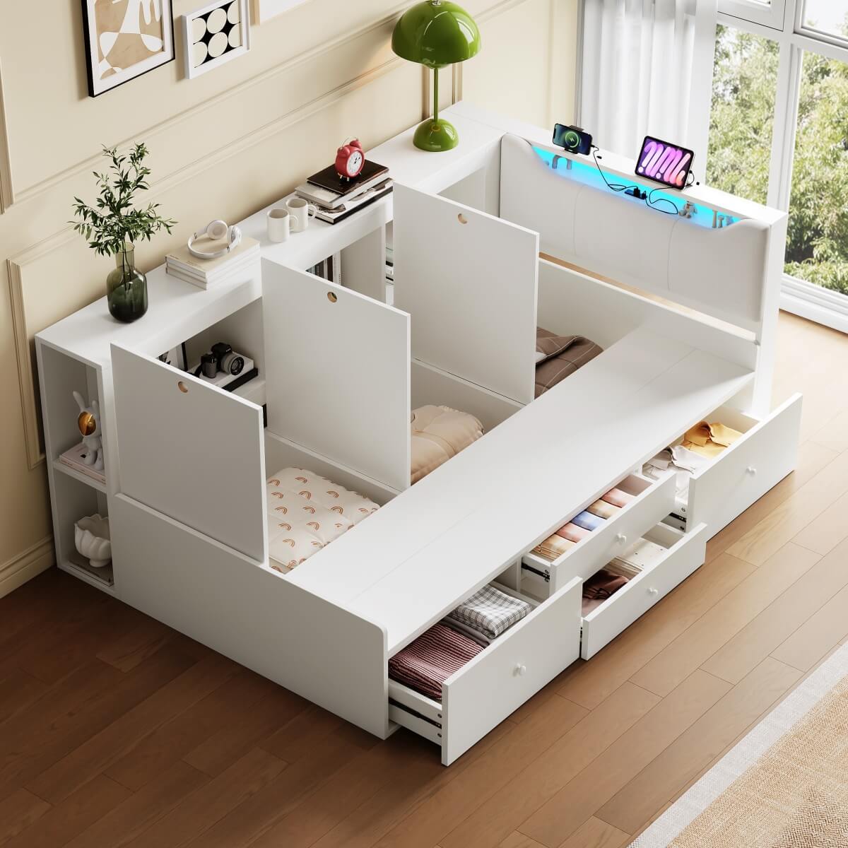 3ft Single Tatami Wooden Bed Frame - Reversible Design with Underbed Storage, LED Linen Headboard and Charging Station, White