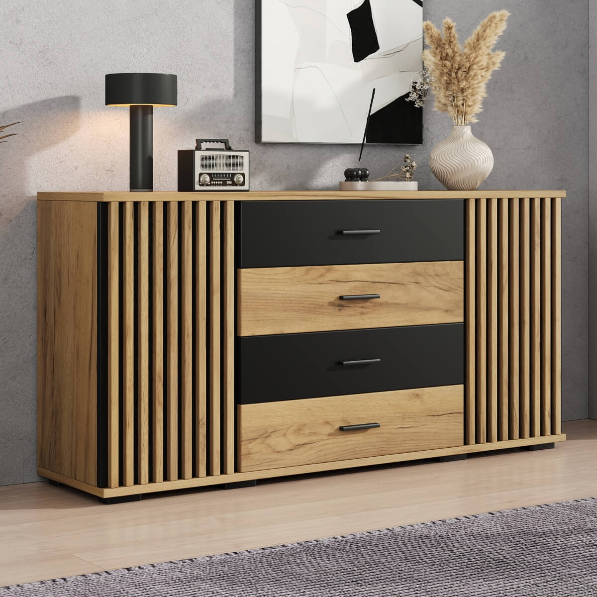 Fluted Sideboard with 4 Drawers and 2 Doors - Oak and Black Storage Cabinet