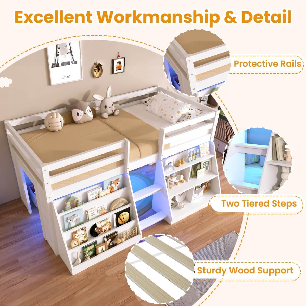 3ft Single Wooden Loft Bed with Stairs - LED Light, Bookcase & Storage Shelves, Underbed Play Space, Safety Guardrail, White