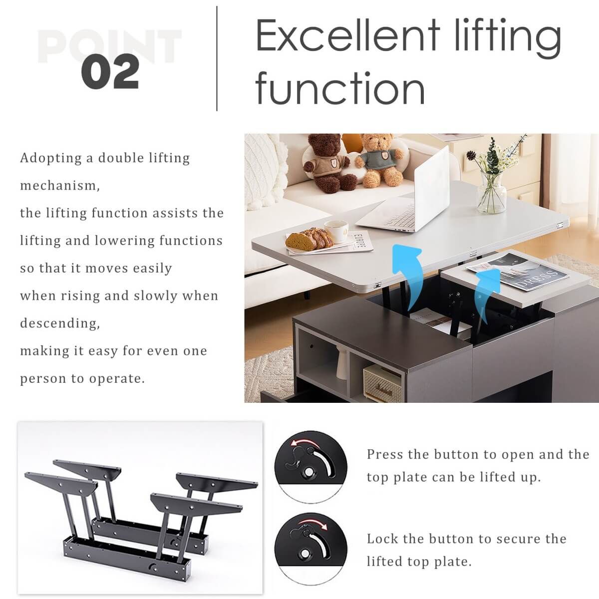 Lift-Top Coffee Table with Storage - Grey Coffee Table with 2 Drawers