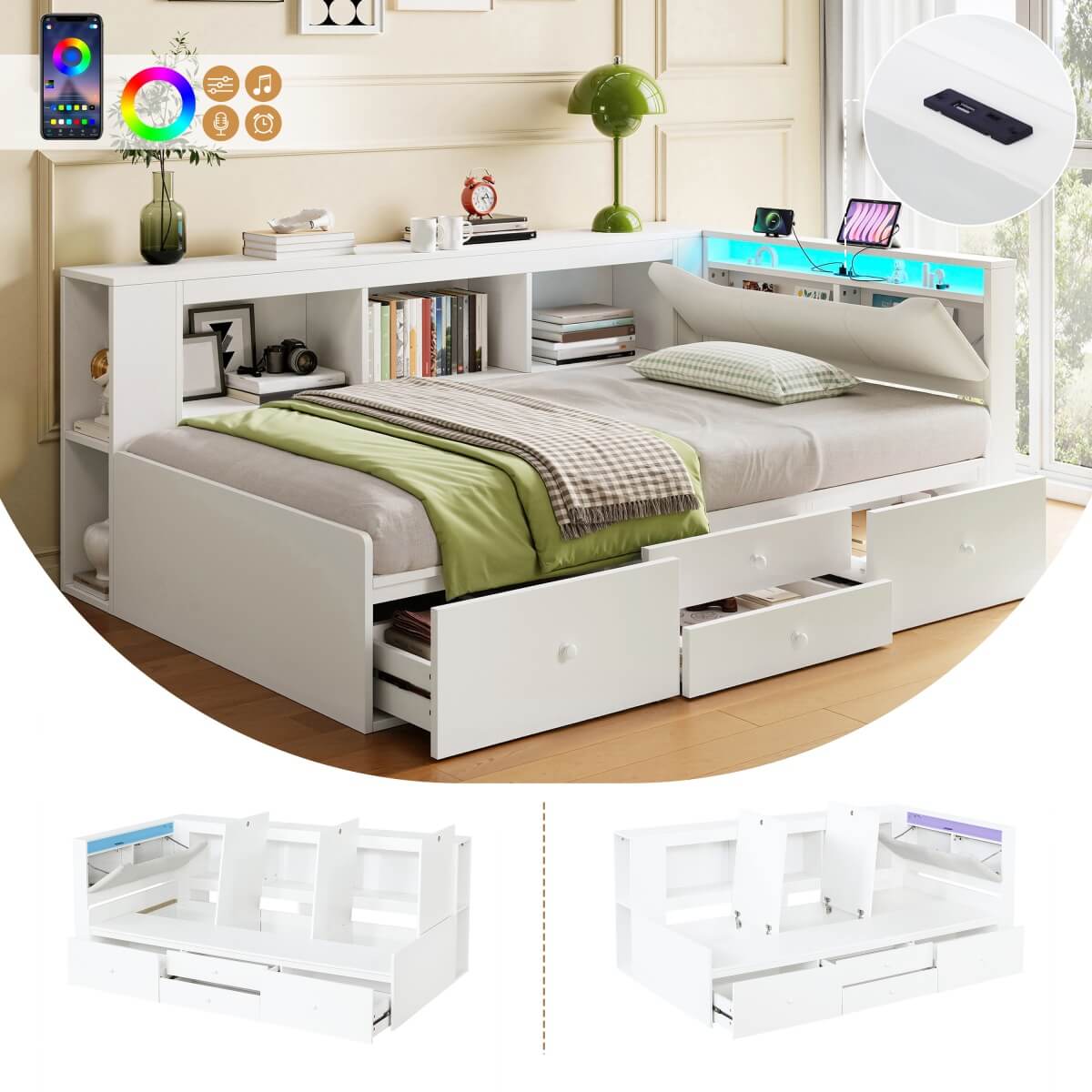 3ft Single Tatami Wooden Bed Frame - Reversible Design with Underbed Storage, LED Linen Headboard and Charging Station, White