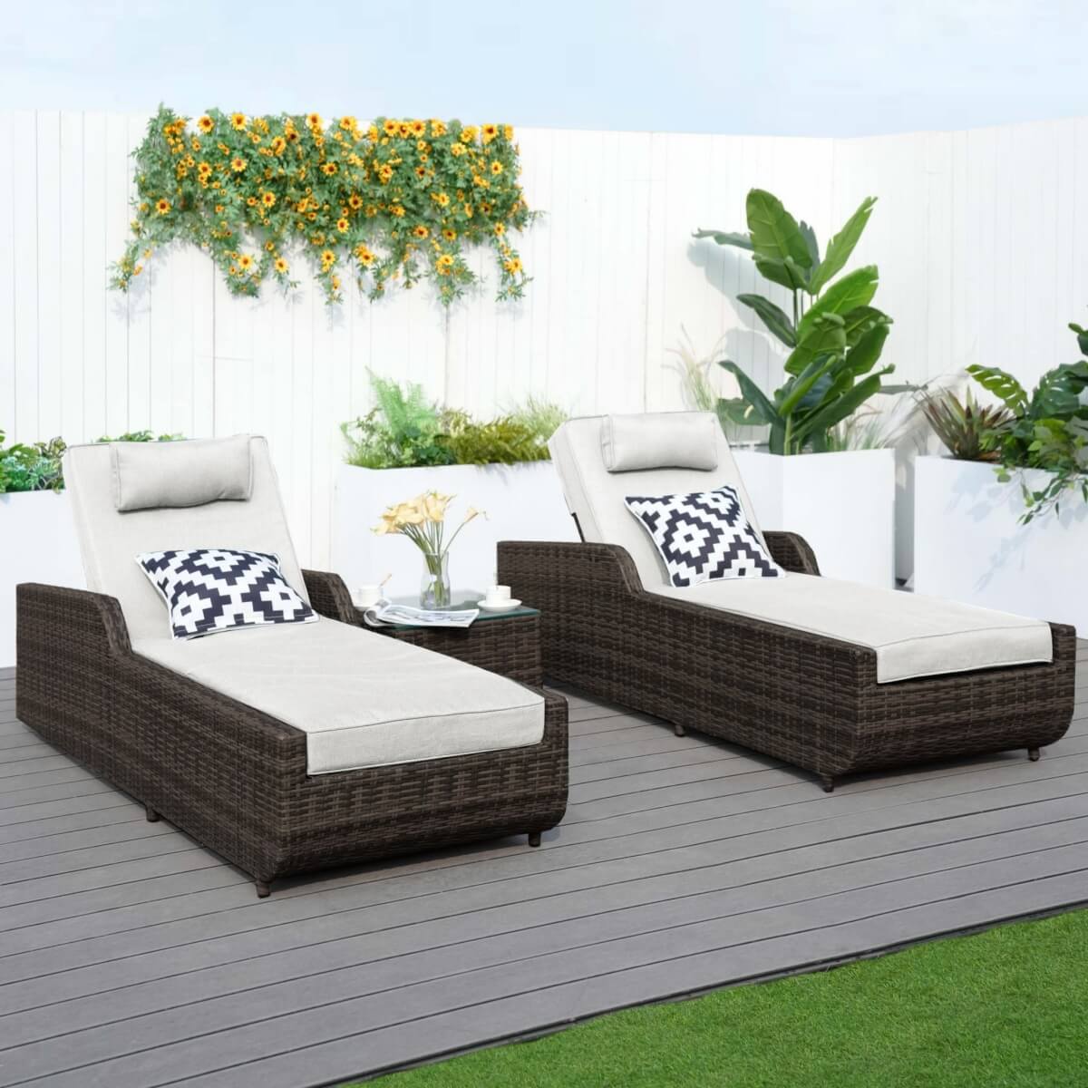 3 Piece Outdoor Rattan Sun Lounger Set with Side Table - Garden Sun Loungers