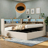 4ft6 Double Velvet Upholstered Daybed with Hydraulic Storage - L-Shaped Sofa Bed with LED Lights and USB Charging, Beige