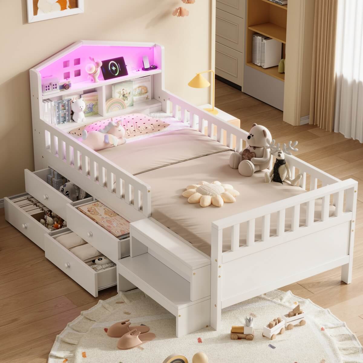 3ft Single Wooden Storage Bed with LED House Headboard, Drawer, USB & Type-C Charging, White