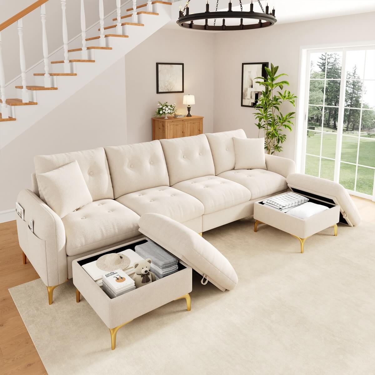 4 Seater U-Shaped Modular Sofa Bed with Storage Ottomans - Sleeper Sofa with 2 Storage Footstools and 2 Decorative Cushions, Beige