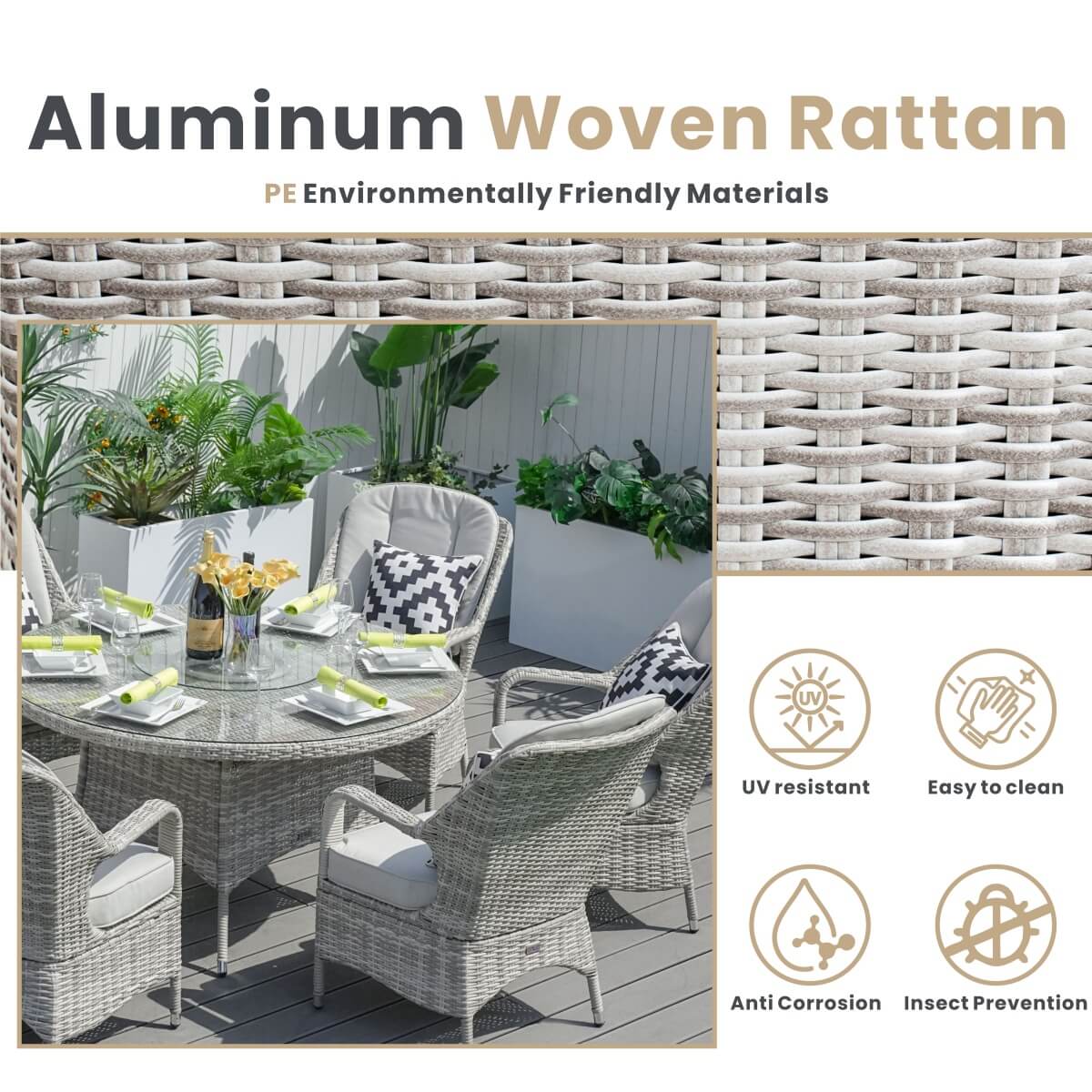 6 Seater Outdoor Rattan Dining Set - Round Table with Tempered Glass Top, Lazy Susan & Parasol Hole