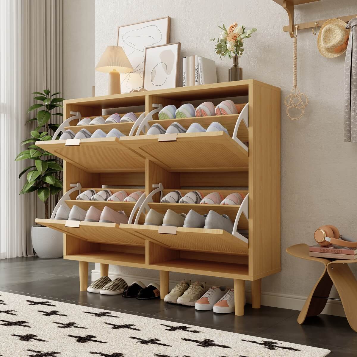 Slim Rattan Shoe Cabinet with 4 Drawers - Space Saving Hallway Storage Unit, Light Oak
