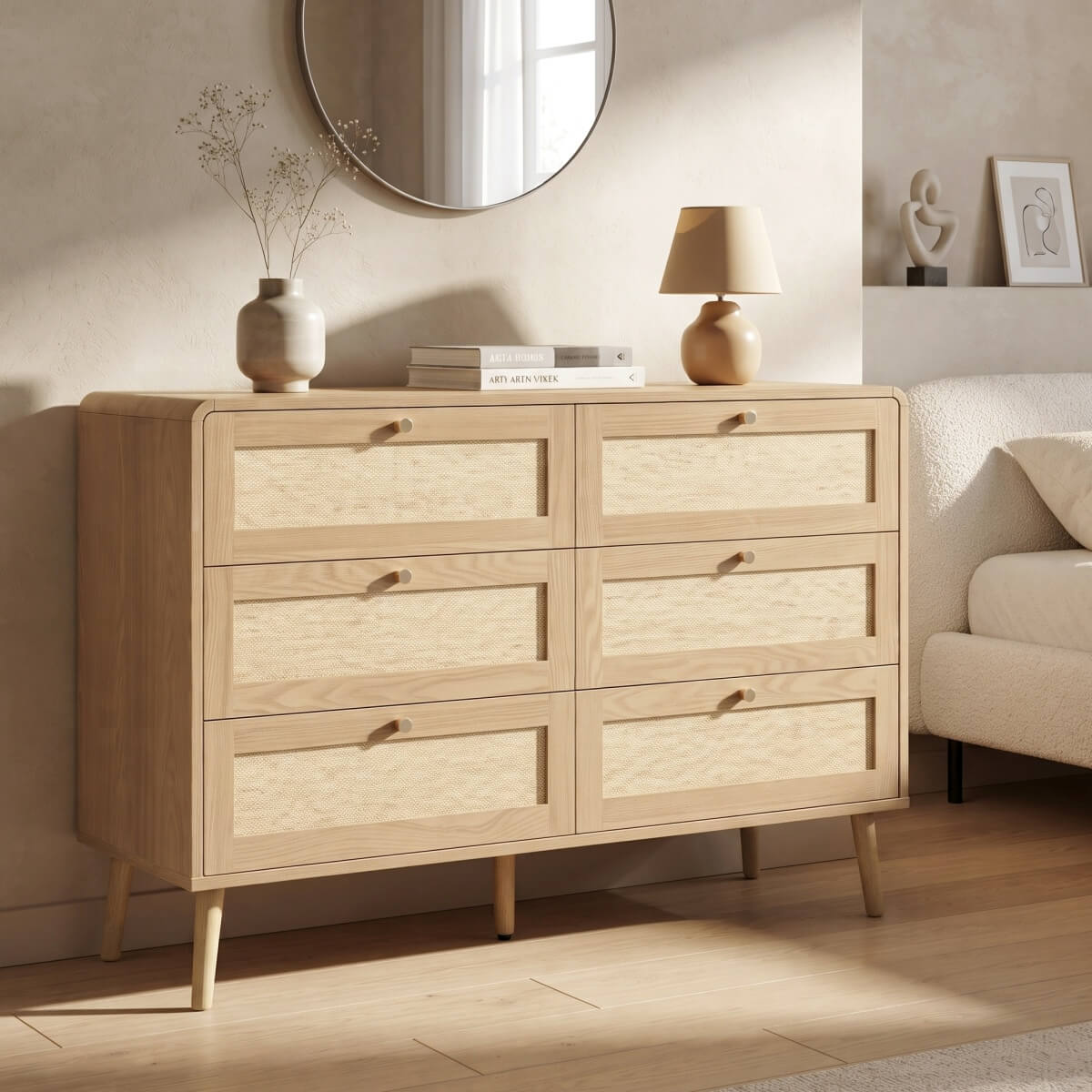 120cm 6 Drawer Chest of Drawers - Rattan Effect Bedroom Storage Dresser with Rounded Corners and Raised Legs, Natural Oak