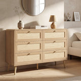 120cm 6 Drawer Chest of Drawers - Rattan Effect Bedroom Storage Dresser with Rounded Corners and Raised Legs, Natural Oak