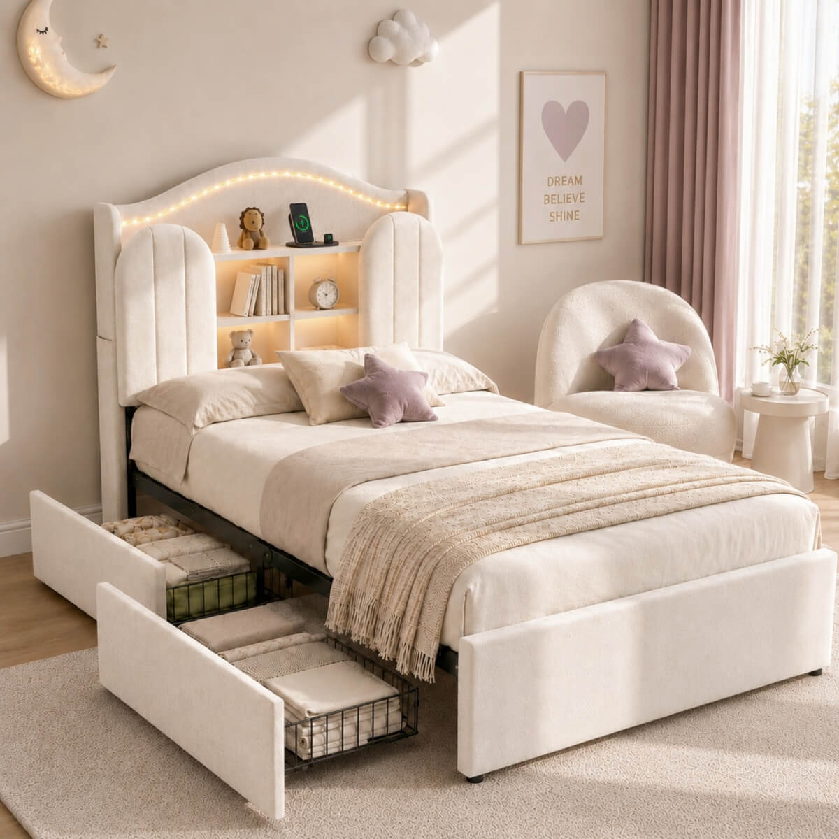 3ft Single Kids Upholstered Bed - House-Inspired LED Storage Headboard, Charging Station and 2 Reversible Drawers, Cream White