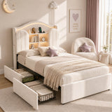 3ft Single Kids Upholstered Bed - House-Inspired LED Storage Headboard, Charging Station and 2 Reversible Drawers, Cream White