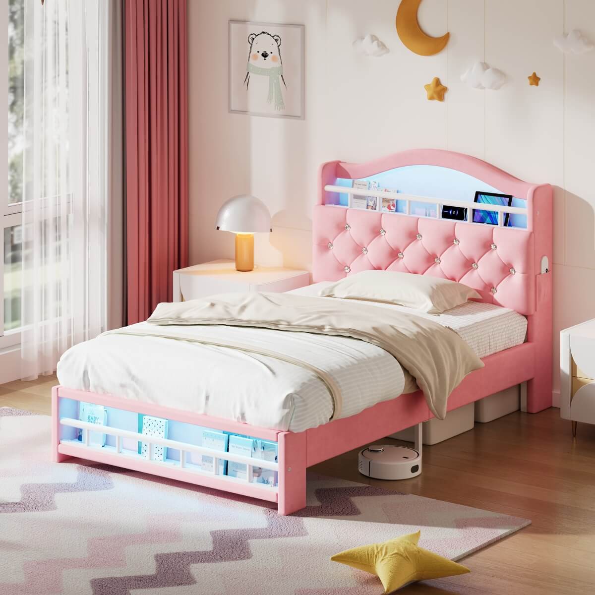 3ft Single Velvet LED Bed with Storage & Charging Station - Upholstered Pink Bed Frame