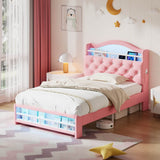 3ft Single Velvet LED Bed with Storage & Charging Station - Upholstered Pink Bed Frame