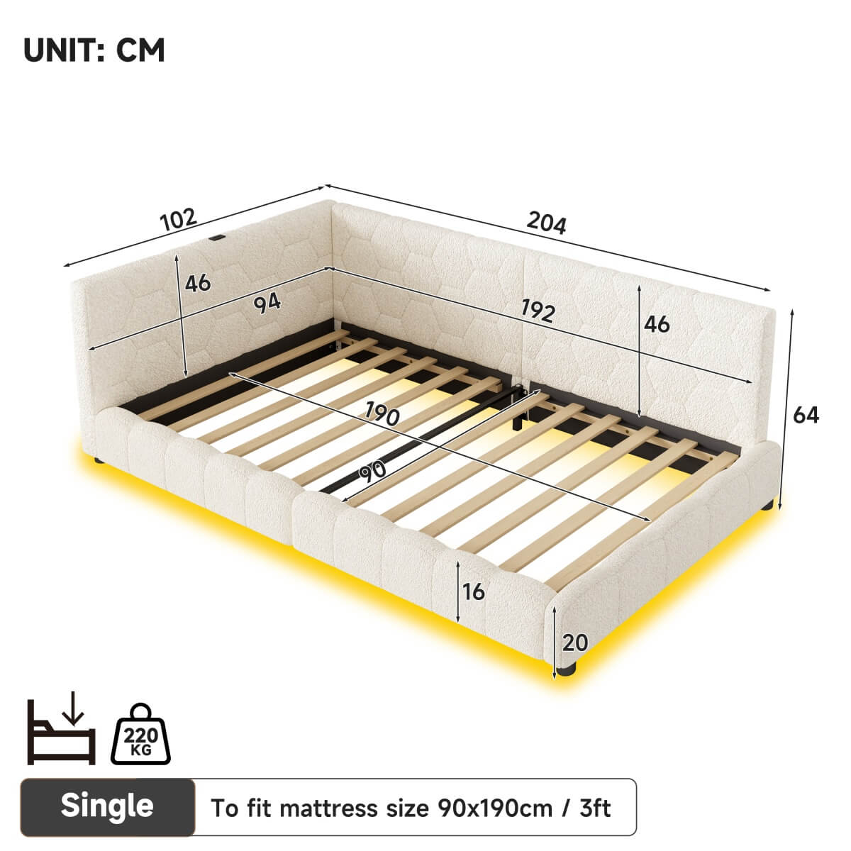 3ft Single Boucle Bed Frame - Reversible Design with RGB LED Lights, USB and Type-C Charging, Beige