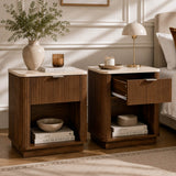 Set of 2 Modern Fluted Bedside Tables - Walnut Effect with Travertine Effect Tops, Drawer and Open Shelf