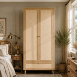 2 Door Rattan Effect Wardrobe with Drawer - Bedroom Storage Cabinet with Hanging Rail and Raised Legs, Natural Oak