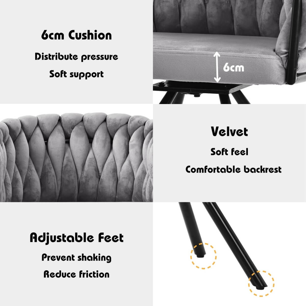 Set of 6 Velvet Swivel Dining Chairs - Luxury Accent Chairs with Metal Legs, Grey