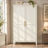 2-Door Freestanding Wardrobe - Hanging Rail, Storage Shelf, Gold Handles and Raised Legs, Cream White